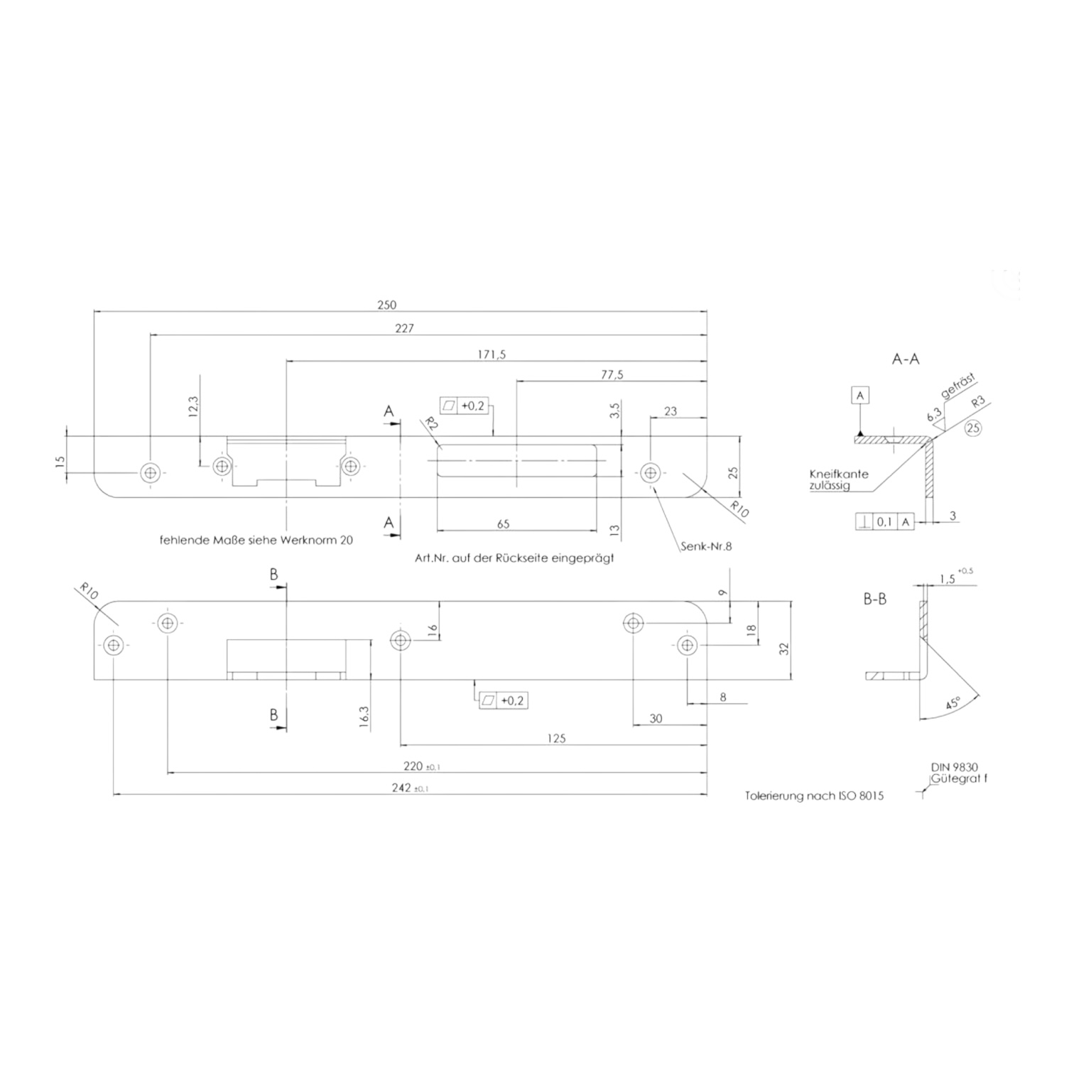 KFV Winkelschließblech 15-3E, 250x32x25x3mm, ohne Fallenaustauschstück, 4mm, hell verzinkt für Türöffner