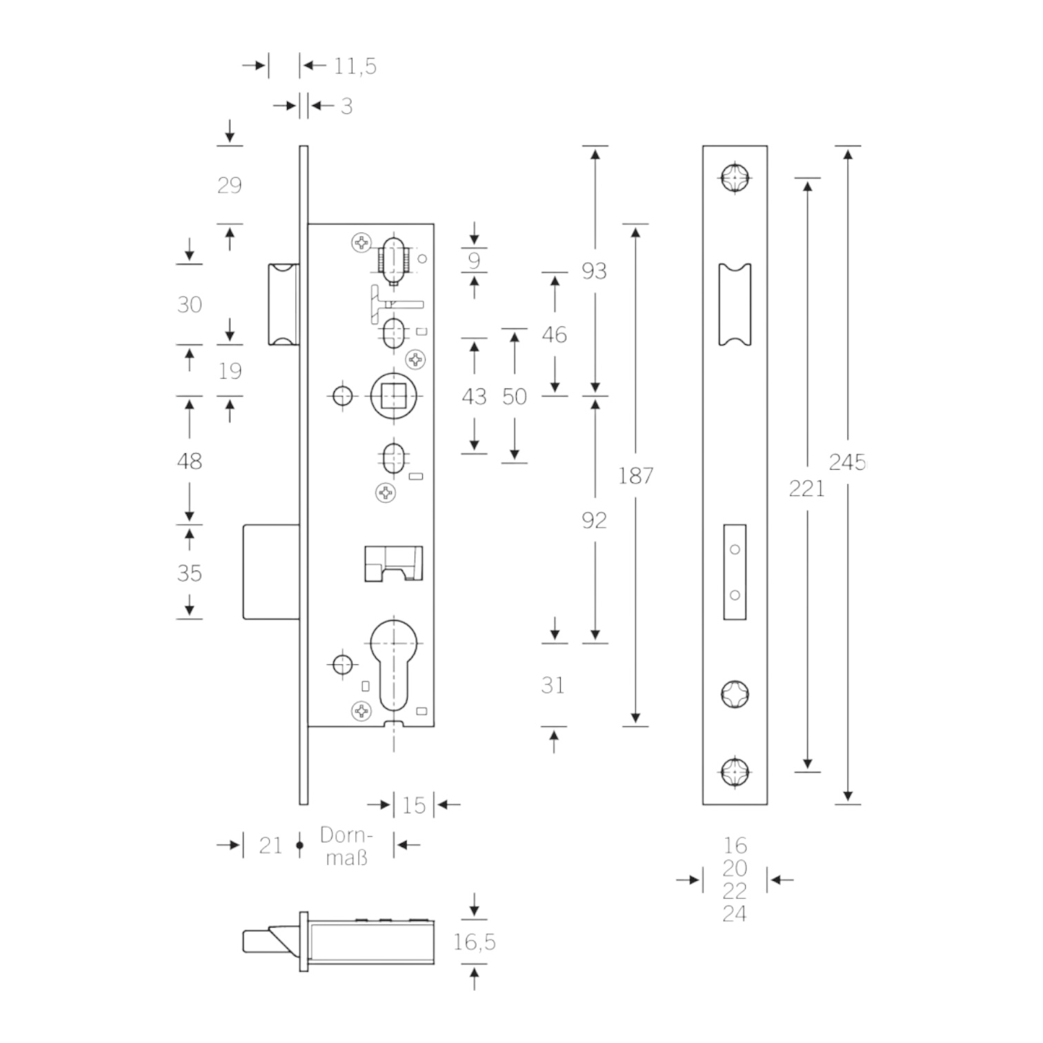 Panik Rohrrahmen Einsteckschloß 02 Klasse 3, Wechselfunktion E, Flachstulp 24 x 245