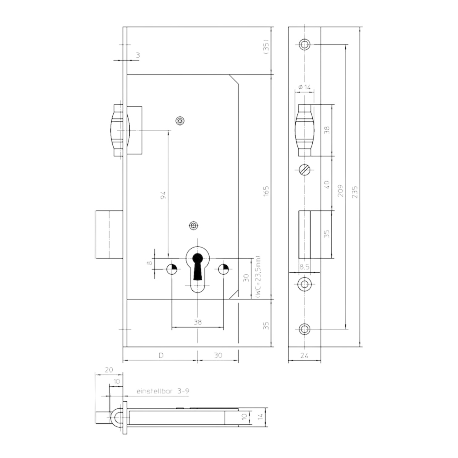 KFV Pendeltür-/Rollfallen-Einsteckschloss 486, PZ, 65mm, Flachstulp 24x235mm, kantig, Metall-Rollenfalle
