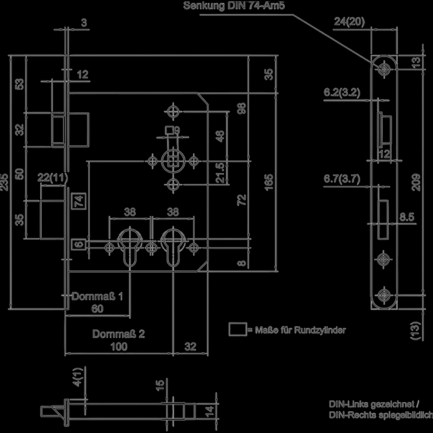 BMH Einsteckschloß 1015 mit Doppelzylinderlochung, PZW, 32/65/72/9mm, Flachstulp 20x235mm, rund, Edelstahl, Klasse 3, Metallfalle