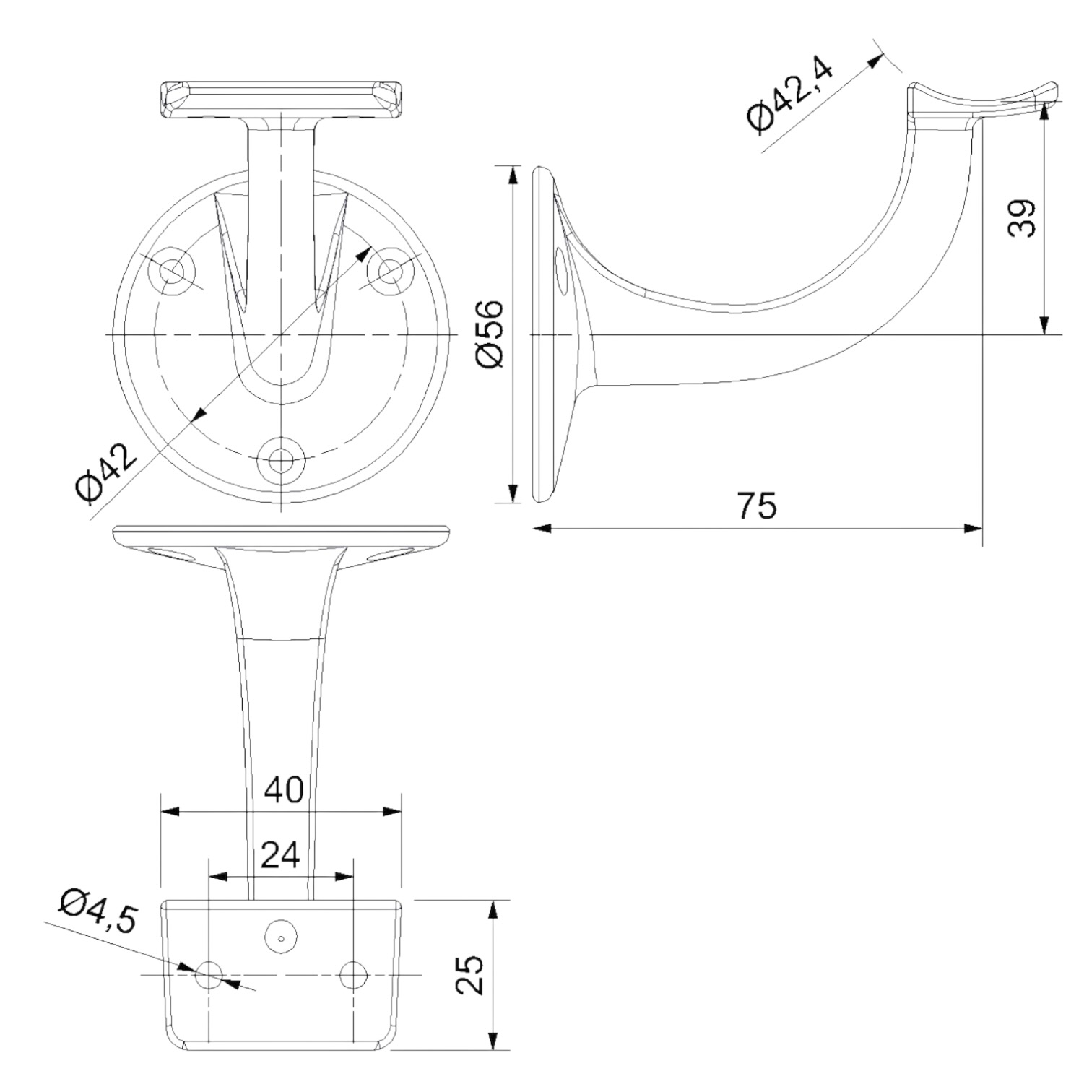 Handlaufstütze/Handlaufhalter mit gewinkelter Auflageplatte,  Wandabstand 75 mm, sichtbare Dreipunkt- Befestigung